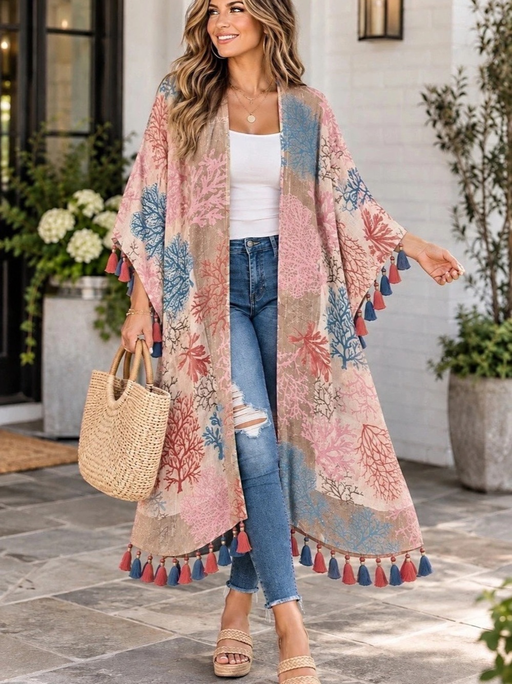 Aratta Silent Journey Coral Reef Tassel Kimono Duster One Size Boho